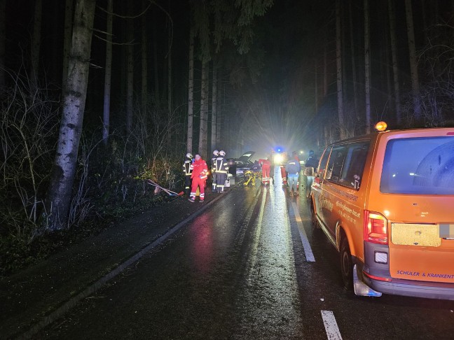 Auto bei schwerem Verkehrsunfall in Kematen am Innbach gegen B�ume gekracht und �berschlagen