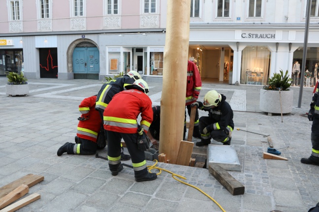 Maibaum am Welser Stadtplatz drohte wegen starker Windb�en umzust�rzen