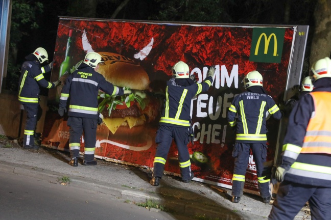 Auto krachte bei Unfall in Wels-Pernau gegen Hydrant und Plakatwnde