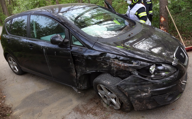 Auto prallt in einem Waldstck bei Weikirchen an der Traun gegen Bume