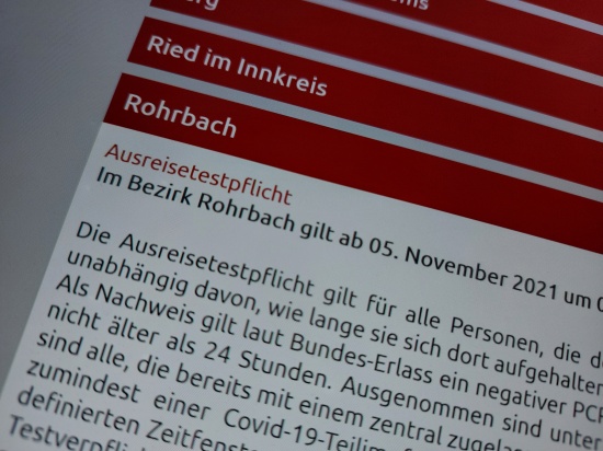 Covid-19: Ausreisetestpflicht für den Bezirk Rohrbach
