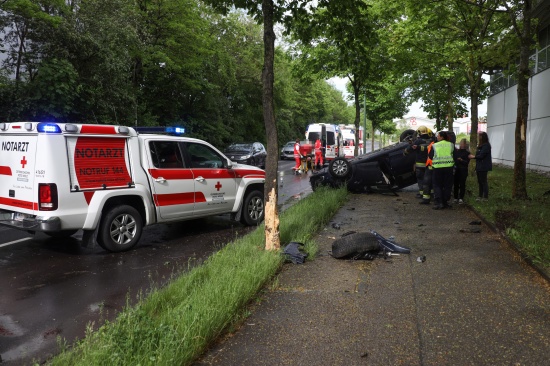 Heftiger Autoberschlag gegen Bume in Wels-Neustadt fordert zwei Verletzte