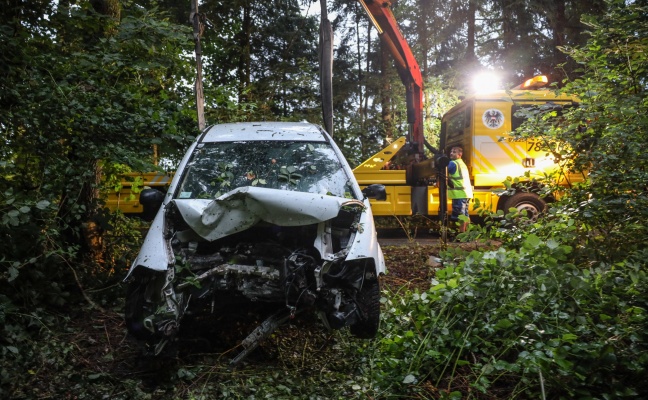 Auto in einem Waldstck in Pucking frontal gegen Baum gekracht