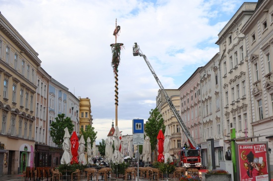 Spitze abgebrochen: Strkere Windben beschdigten groen Maibaum am Stadtplatz in Wels-Innenstadt