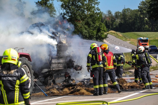 Heu geladen: Vollbrand eines Traktoranh�ngers in Pasching sorgte f�r Einsatz zweier Feuerwehren