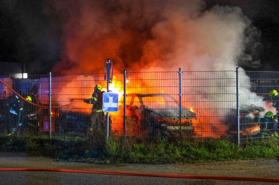 Brand mehrerer abgestellter Autos auf Verkaufsplatz eines Autoh�ndlers in H�rsching