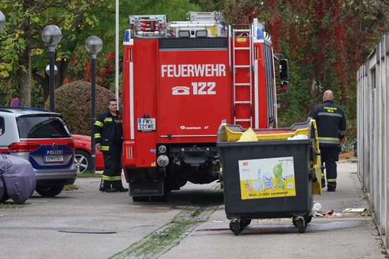 Beginnender Brand eines M�llcontainers im M�llraum einer Wohnanlage in Wels-Vogelweide